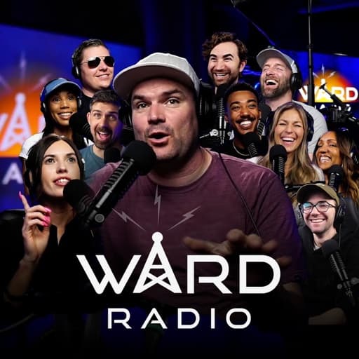 The Ward Radio cast around studio microphones, with the Ward Radio wordmark